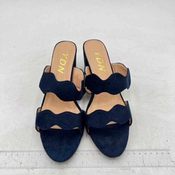 YDN Navy Suede Open Toe Mules Double Band Chunky Low Heel Sandals Beach Shoes - Picture 2 of 7